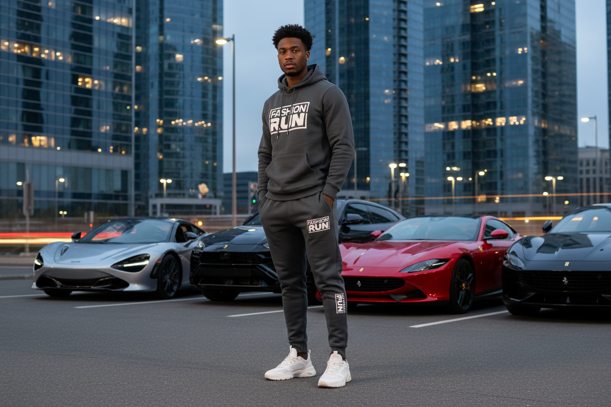 a dark man with a curly hair rocking or wearing a hoodie top and pants with a background showing iconics cars and a text “Fashion Run" written on the hoodie top and pants that serves as a logo or brand